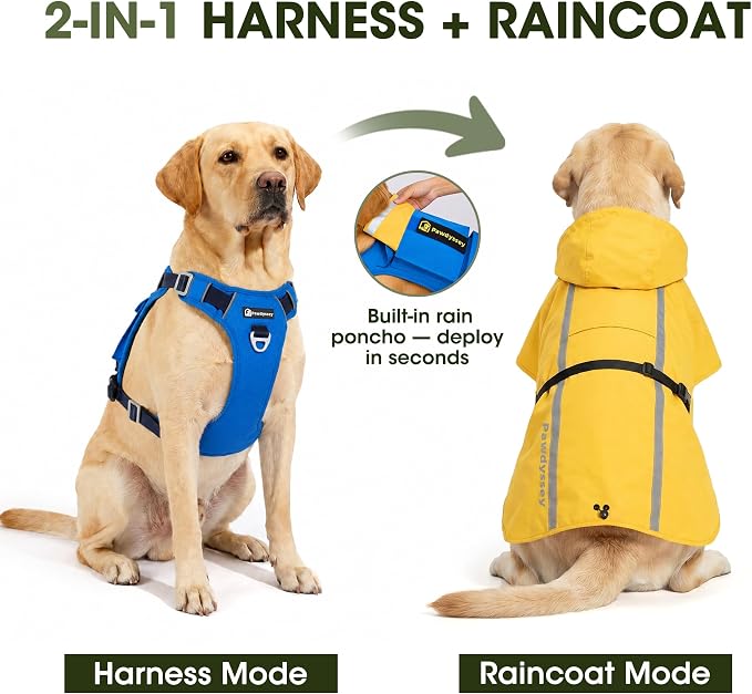2-in-1 Dog Harness with Built-in Raincoat, Waterproof Packable Dog Rain Jacket, Reflective Adjustable Dog Rain Coat with Leash Portal, Aqua Blue Harness/Rose Red Raincoat, Medium