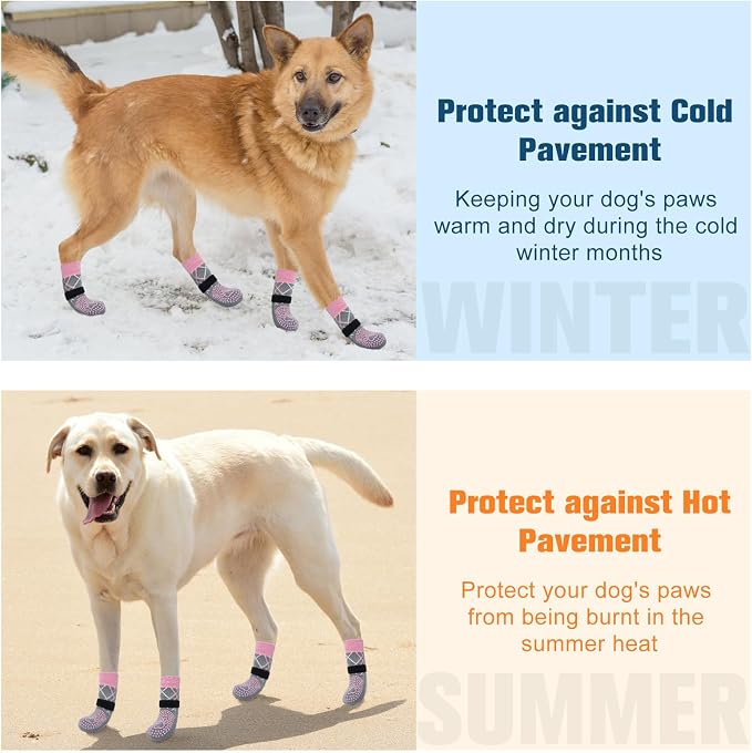 BEAUTYZOO 6PCS Dog Socks to Prevent Licking Paws, Anti Slip Dog Shoes for Hot Pavement Hardwood Floors, Traction Control Boots & Paw Protectors for Small Medium Large Senior Dogs, Pink&Grey S
