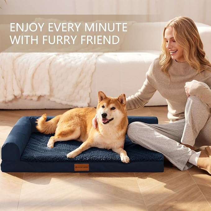 Patas Lague Orthopedic Large Dog Bed Pet Sofa Beds 36''X24'' Navy Blue | L Bolster Egg-Crate Foam Dog Couch For Large Sized Dogs, Waterproof Removable Washable Cover, Pet Mat with Nonskid Bottom