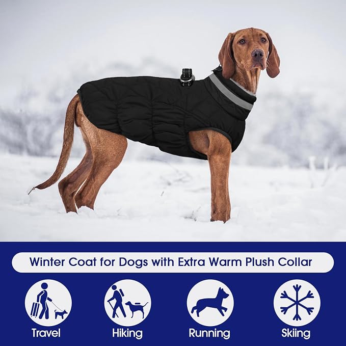 FUAMEY Dog Winter Coat Fleece Warm Large Dog Coat with Harness Built in | Dogs Cold Weather Fleece Coats Zip up Reflective Dog Winter Vest Windproof Water Resistant Snow Coats Solid Black XL