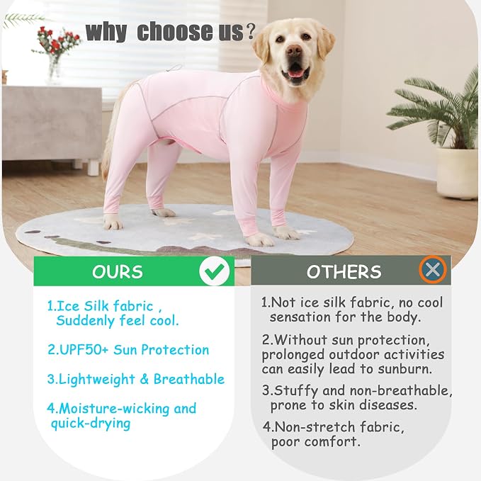 Dog Sun Protection Cooling Suit UPF 50+, Quick-Dry Breathable Jumpsuit for Large & Medium Dogs, Outdoor Dirt-Resistant Shedding Control Pet Apparel (Blush Pink, X-Large)