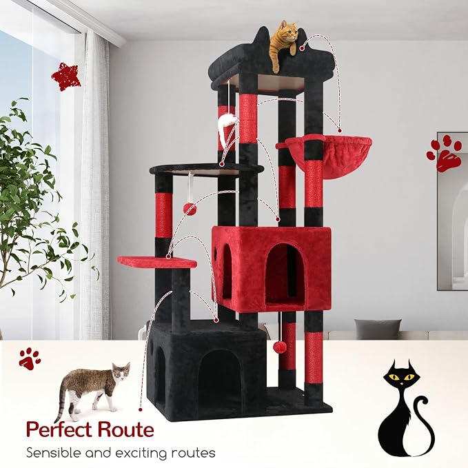 Globlazer Gothic Cat Tower for Indoor Cats, Heavy Duty Goth Cat Trees for Large Cats Adult Big Cats Maine Coon Cat Tree with Scratching Post, Extra Large Top Perch, Cat Condos, F61, Blood-Goth, 61inch