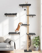 FUKUMARU Cat Wall Shelves Set, 70 inch Wall Mounted Tree, Grey | Kitten Scratching Post with Soft Cushion Perch, Space Saving Climbing Wall Furniture for 16 Inch Drywall