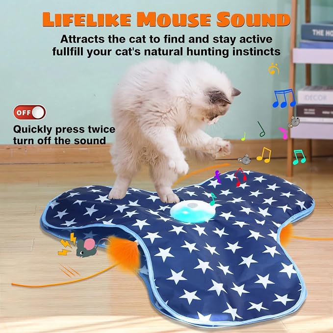 Oxawo Cat Toys Interactive Hide and Seek Cat Game | Mouse Chirping, Motion Activated Cat Toys with Moving Concealed Feathers Wand USB Rechargeable