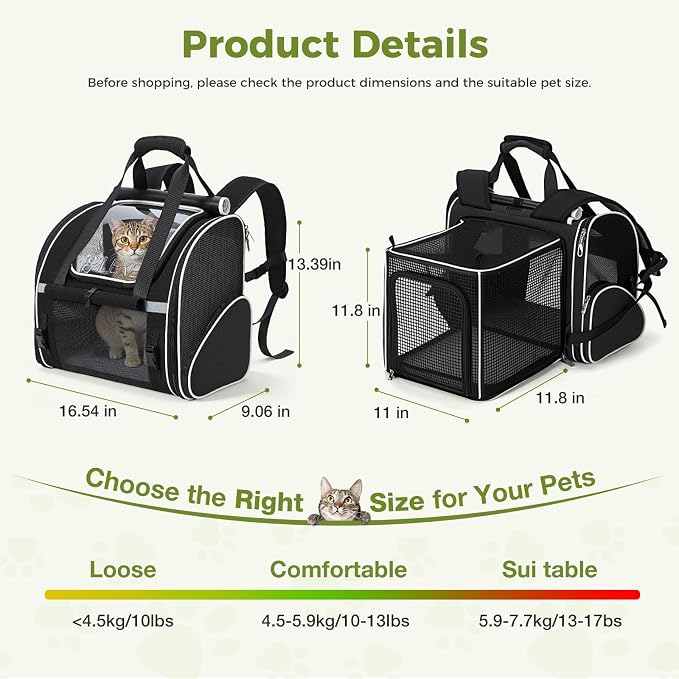 Lekereise Expandable Cat Backpack Carrier for Cats and Small Dogs up to 18 lbs, Widened Interior with 30% More Bottom Space, Rear Expansion up to 80% More Space, Breathable Mesh, Sun Shade, Black