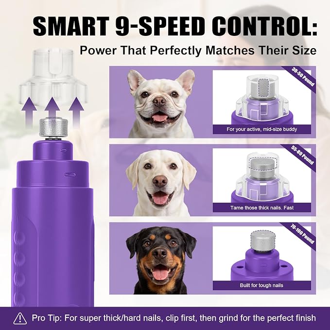 Quiet Dog Nail Grinder, 9-Speed Electric Pet Nail Trimmer with LED | Low noise, Safety sensor guard, 2 LED lights, USB rechargeable, Professional grooming, Sensitive paws, Dogs cats all breeds