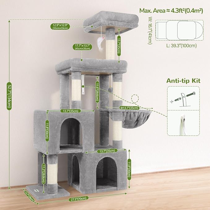 Globlazer 52in Cat Tree Tower for Indoor Cats, 2 Condos, S52, Light Grey | Multi-Level Plush House, 5 Sisal Scratching Posts, 2 Padded Top Perches, Big Metal Basket, Stable Enlarged Base
