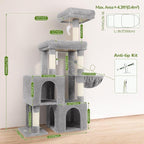 Globlazer 52in Cat Tree Tower for Indoor Cats, 2 Condos, S52, Light Grey | Multi-Level Plush House, 5 Sisal Scratching Posts, 2 Padded Top Perches, Big Metal Basket, Stable Enlarged Base