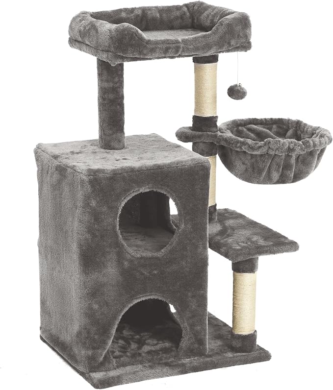 Fansafurn Cat Tree Tower for Indoor Cats, 36-inch Adult Cat Tree House for Large Adult Cats with Steps, Scratching Post, 2 Cat Condo, Dangling Toys, Light Grey