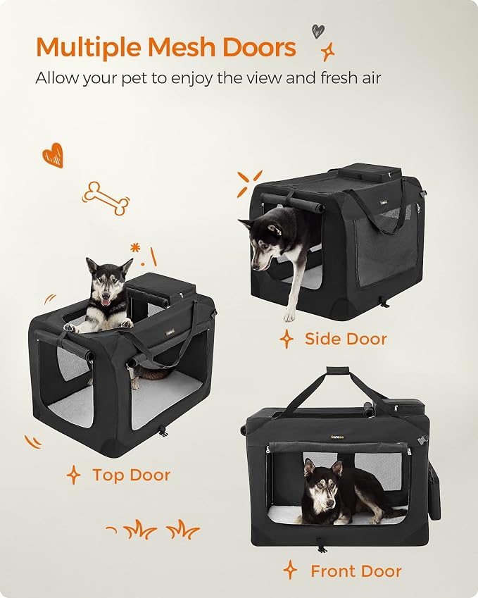 Feandrea Collapsible Soft Dog Crate, Portable Travel, 40 Inches | Dog Carrier Kennel with Safety Zippers for Living Room, Car, Travelling, Black UPDC10H