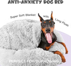 Himax Covered Large Dog Bed with Blanket Attached Calming Burrow Light Grey | 35in Anti-Anxiety Donut dog bed with cover, Washable Round Fluffy Pet& Cat Beds for Indoor