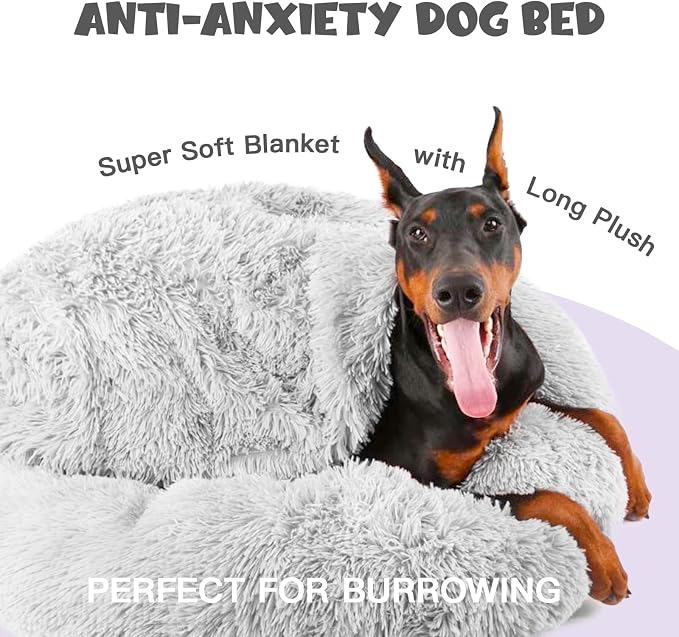 Himax Covered Large Dog Bed with Blanket Attached Calming Burrow Light Grey | 35in Anti-Anxiety Donut dog bed with cover, Washable Round Fluffy Pet& Cat Beds for Indoor