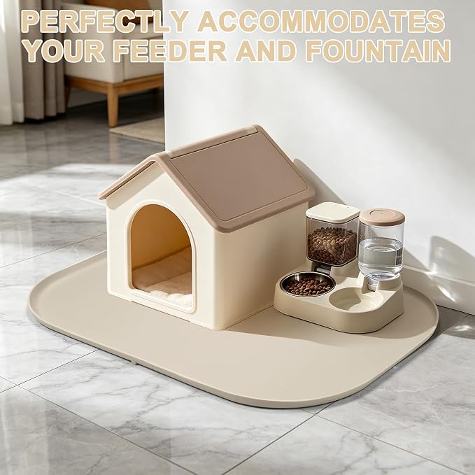 SMILOOL 36" x 24" x 1" Extra Large Silicone Pet Food Mat with Raised Edge for Food and Water Bowl, Dog Feeding Mats, Cat Food Trays for Floor Waterproof, Rubber Tray for Dogs and Cats, Beige