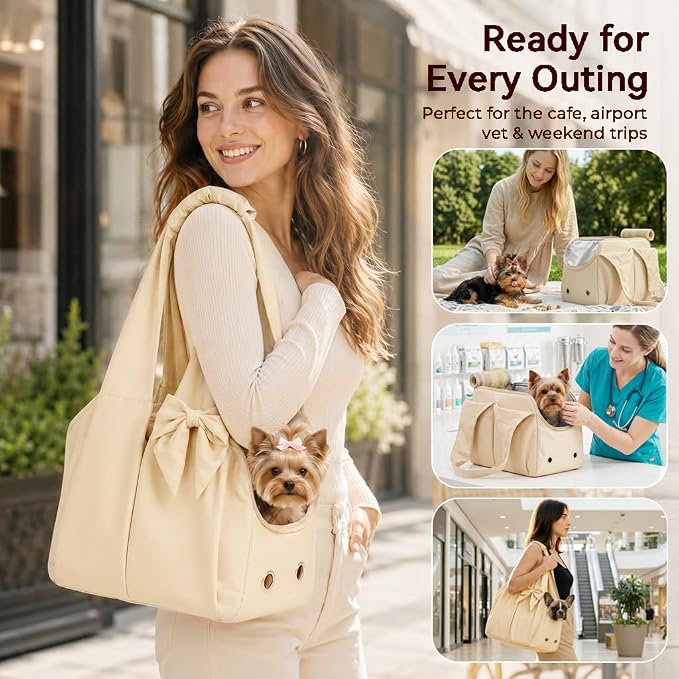 Fashion Dog Purse Carrier for Small Dogs and Cats, Soft-Sided Puppy Tote Bag Under 15 lbs, Lightweight Pet Carrier with 4 Pockets, Smart Zipper Lock, Pet Travel Bag for Travel Outdoor(Beige)