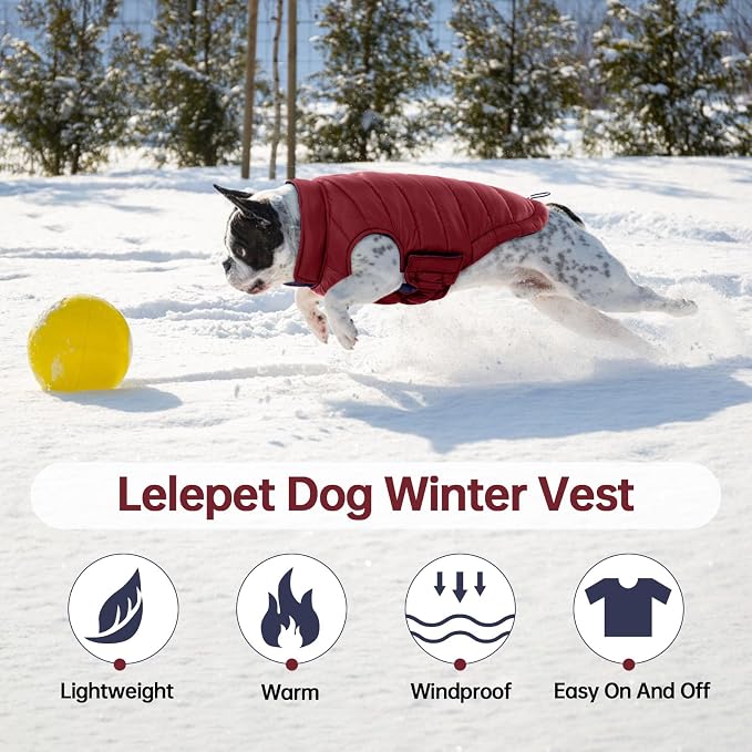 Lelepet Reversible Dog Coat Windproof Dog Jacket Lightweight Puffer Vest | Windproof Wintet Jacket Warm Coats for Large Dogs Adjustbale Hook & Loop Pet Apparel with Leash Hole, Pitbull, Wine Red, XL