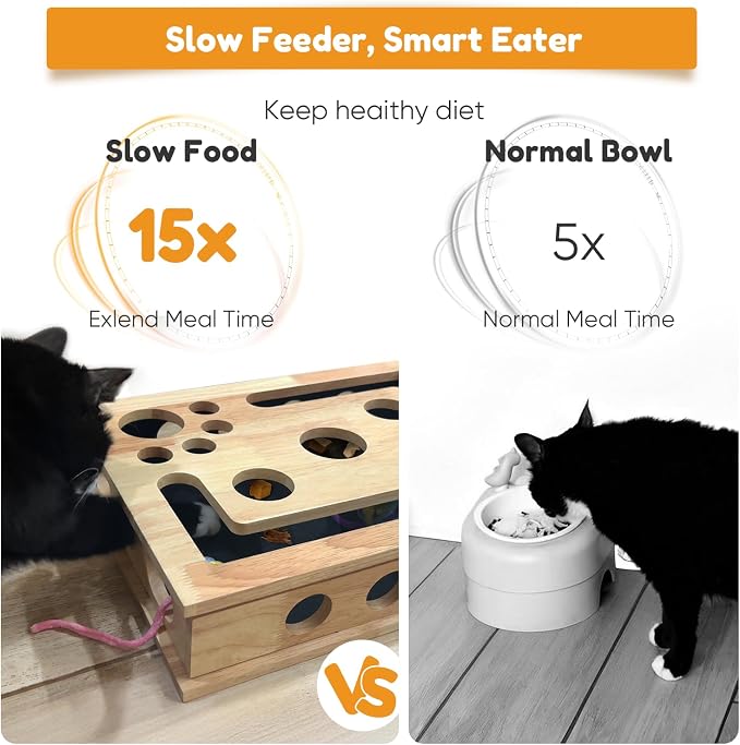 【Large&Thicken Oak 】Cat Nail File Scratcher Puzzle Box,High-Density Furniture Grade Oak,Porous Design,Stimulate Cat Exploratory &Slow Down Eat Speed;Built In Frosted Paper,Polish Their Nail While Play