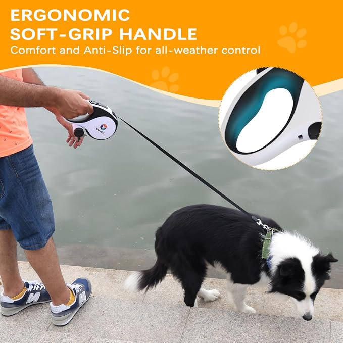 ILOMAX 360° Tangle-Free Retractable Dog Leash Built-in Waste Bag Dispenser Under Handle 2 Rolls Poop Bags Included Heavy Duty Tape Leash for Dogs up to 50kg Carry Pouch Included (White, XL)
