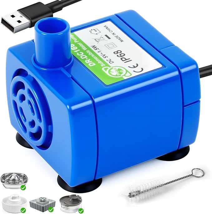 Cat Water Fountain Pump Replacement(No Led & with Brush)， DR-DC 160 | IP68 Submersible Water Motor For Stainless Steel & Ceramic Cat Water Fountain, Ultra Quiet Blue Pet Fountain Pump, Easy Clean
