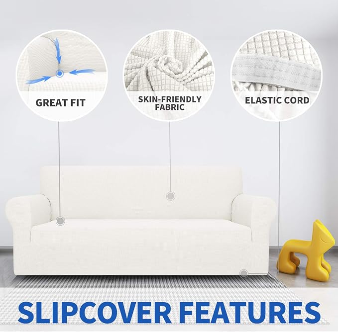 MAXIJIN Super Stretch Couch Cover for 3 Cushion Couch, 1-Piece Universal Sofa Covers Living Room Jacquard Spandex Furniture Protector Dogs Pet Friendly Fitted (Extra Large, White)