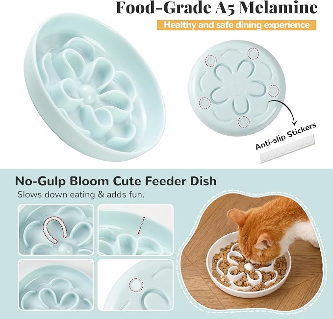 Melamine Cat Slow Feeder Bowl Set - Floral Maze Food Dishes for Cats and Small Dogs - Shallow Wide Plates for Dry & Wet Food - 3 Pack - Green & Blue & Pink