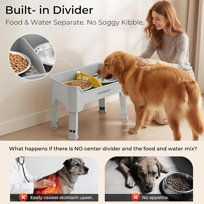 URPOWER Mess Proof Elevated Dog Bowls, Splash Guard Raised Bowl Stand | 4 Height Adjustable Raised Stand with 2 Stainless Steel Food Bowls & Licking Plate for Small, Medium & Large Dogs