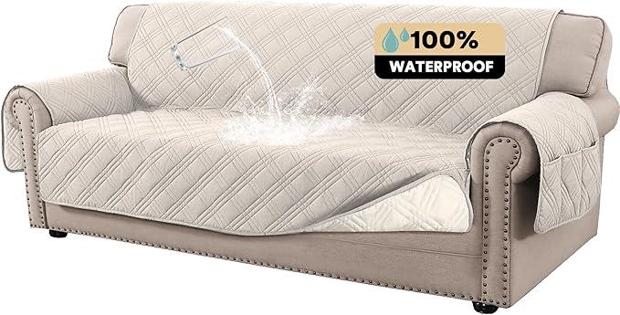 100% Waterproof Couch Cover for 3 Cushion Couch Sofa Pet Friendly Non-Slip Couch Cover for Dogs Washable Water Resistant Furniture Protector with Elastic Straps(XL Sofa 78", French Oak)