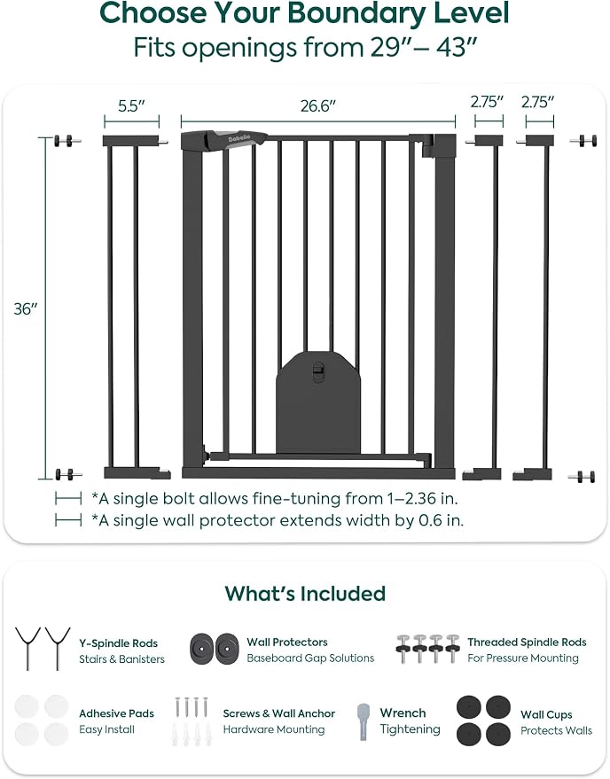Babelio 36" Tall Baby Gate with Adjustable Cat Door, CatPrivilege I, 29-43" | Auto Close, Safety Gate for Stairs, Easy Walk Thru with Pet Door, Includes 4 Wall Cups and 3 Extension Pieces, Black