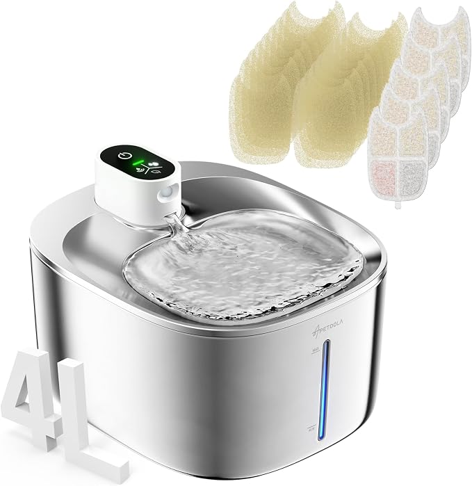 Cat Water Fountain Stainless Steel,152oz/4.5L Wireless Pet Fountain,Automatic Water Bowl for Cats Dogs with Motion Sensor,Quiet Filtered Pet Water Fountain w 5 Filters(Filters for 4 Months)
