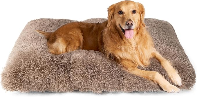 EHEYCIGA Fluffy Dog Crate Bed for Extra Large Dogs, Plush Faux Fur Crate Pad, Calming Anti Anxiety XL Dog Bed, Washable Soft Warm Mat with Non-Slip Bottom, Camel