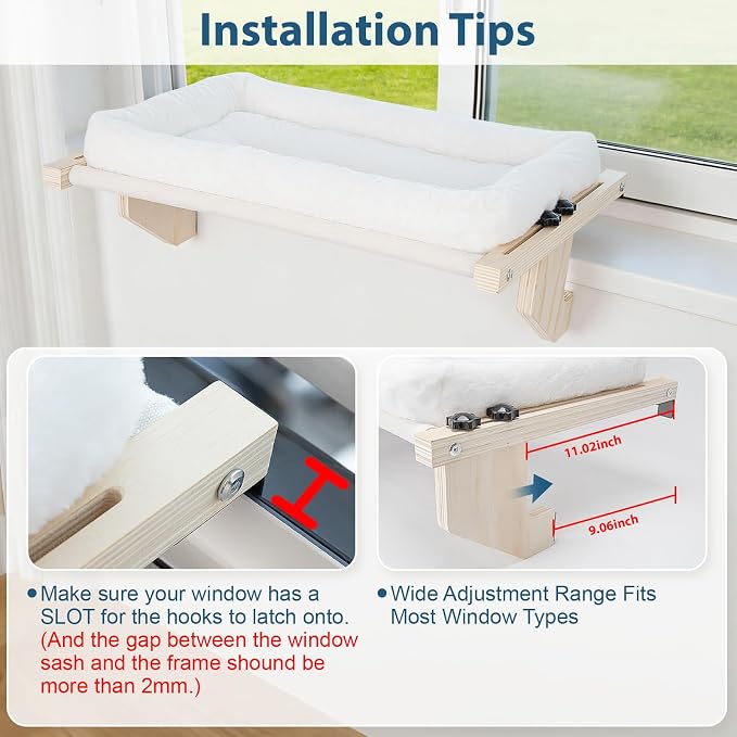 Cat Sill Window Perch - 100% Natural Pine Frame, Plush Fleece Cushion, Tool-Free Adjustment, Supports 55 lbs (Extra Large-White)