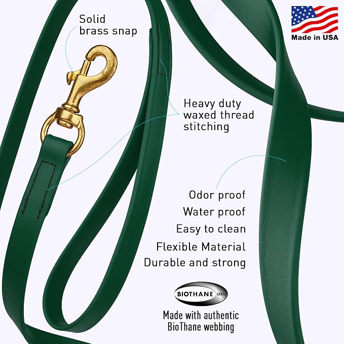 Viper Biothane K9 Working Dog Leash Waterproof Lead for Tracking Training Schutzhund Odor-Proof Long Line with Solid Brass Snap for Puppy Medium and Large Dogs, 10ft Hunter Green