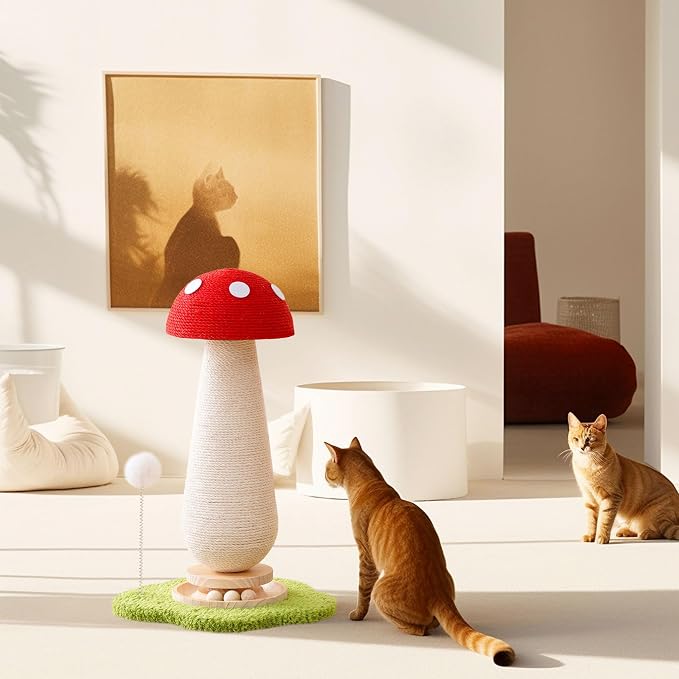 Mushroom Cat Scratching Post Cat Tree, 21.5‘’ H Cute Cat Scratcher Tower with Durable Solid Wood Turntable Toy, Mushroom Scratch Post Cat Sisal Scratcher with Catnip for Indoor Adult Cats