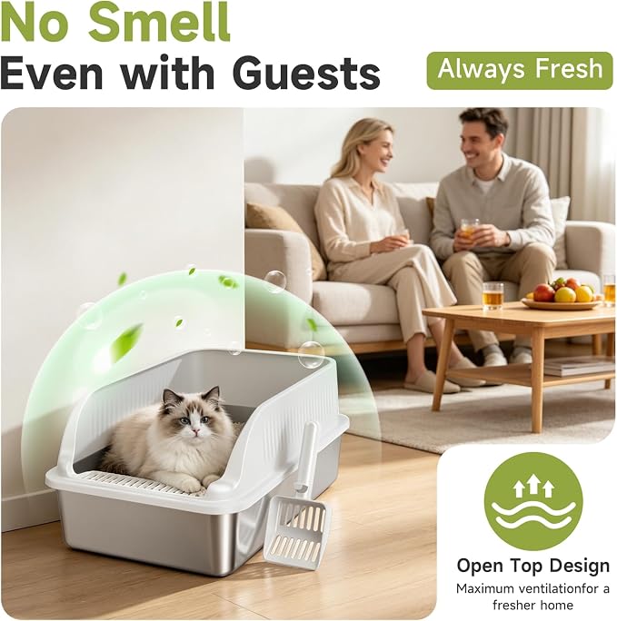 Stainless Steel Cat Litter Box with Lid, XL Metal High Sided Litter Box | Odor Free Open Top Litter Pan Easy Cleaning Anti-Urine Leakage Non-Stick Includes Scoop Light Grey