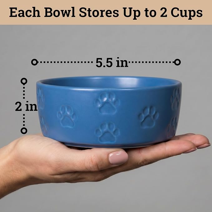 Ceramic Dog Bowl Set of 2 with Anti-Skid Base, 5.5"W x 2"H, 2 Cup Capacity | Thick Ceramic, Dishwasher Safe, Anti-Skid Rubber Base, 2 Cups per Bowl, Ceramic Food and Water Bowls Set of 2 for Small Dogs