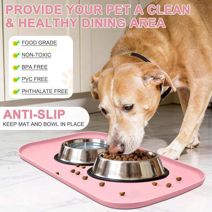 SMILOOL Silicone Pet Food Mat with Raised Edge for Food and Water Bowl, Dog Feeding Mats, Cat Food Trays for Floor Waterproof, Rubber Tray for Dogs and Cats, 22 x 14 x 0.8 Sakura Pink