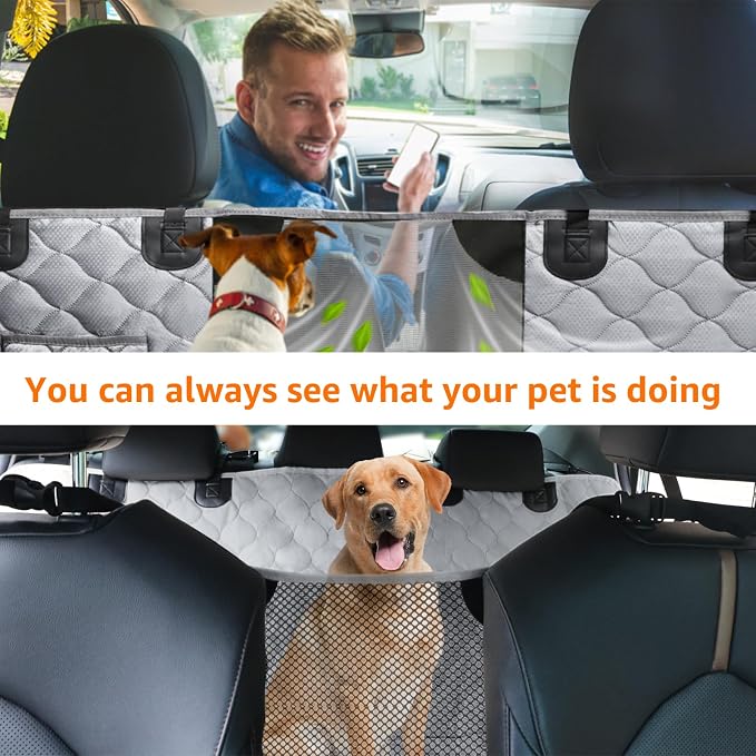 PETICON Dog Car Seat Cover for Back Seat, Waterproof Dog Hammock for Pets | Zippered Design Allows Passenger Seat Access, Mesh Window for Pet View, 600D Oxford, Prevents Scratches, Hair, Mud, and Dirt