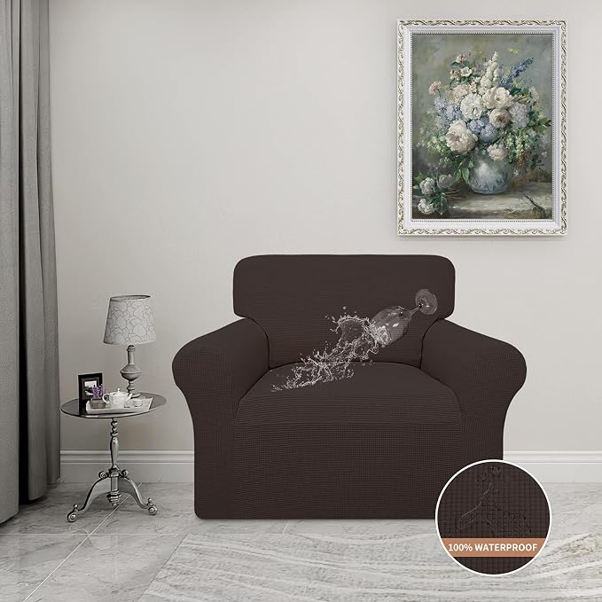 Easy-Going 100% Waterproof Chair Couch Cover, Stretch Jacquard Sofa Cover | Dual Waterproof Sofa Slipcover, Leakproof Furniture Protector for Kids, Pets, Dog and Cat (Chair, Chocolate)