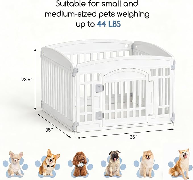 DUMOS Plastic Dog Playpen, 4 Panels 24 Inch Pet Fence Play Pen, White | Foldable, Indoor Outdoor Portable Exercise Playpen with Door, RV Camping, Puppy Small Medium Dog