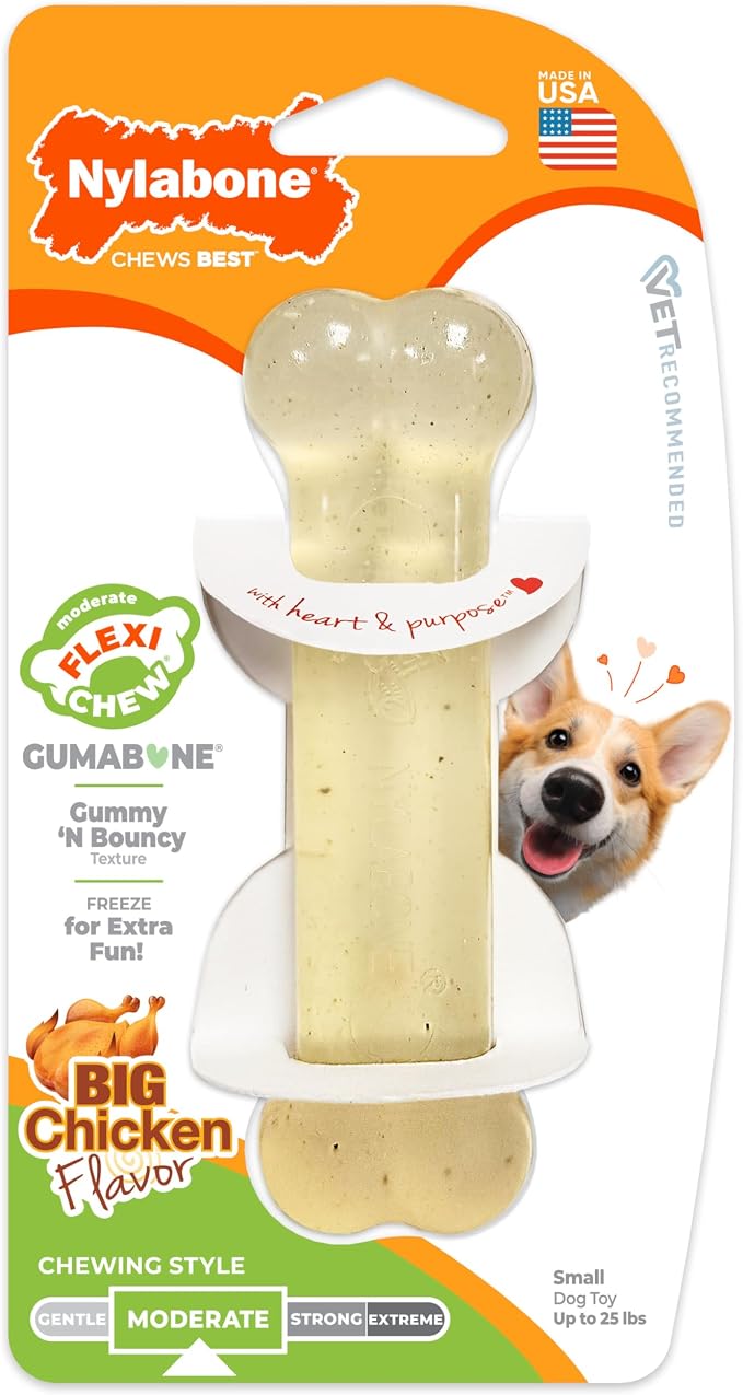 Nylabone Original Bone Flexi Chew Toy for Dogs, Flexible Dog Toys for Moderate Chewers, Chicken Flavor, Small, 1 Count | Dog toys for small dogs up to 25 lbs, flexible material, gentle on teeth, freezable, bouncy, great for seniors