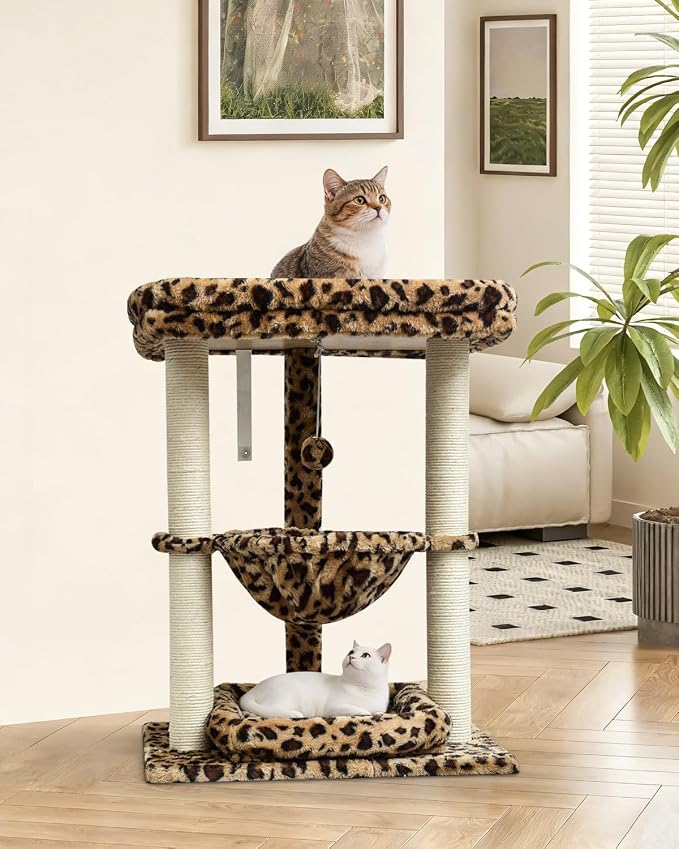 SYANDLVY Leopard Print Small Cat Tree with Top Perch, Hammock & Bottom Bed | 3 Level, Natural Sisal Scratching Post Tower with Hanging Bell Ball and Anti-Tip Strap, Stable Indoor Cat Furniture