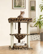 SYANDLVY Leopard Print Small Cat Tree with Top Perch, Hammock & Bottom Bed | 3 Level, Natural Sisal Scratching Post Tower with Hanging Bell Ball and Anti-Tip Strap, Stable Indoor Cat Furniture
