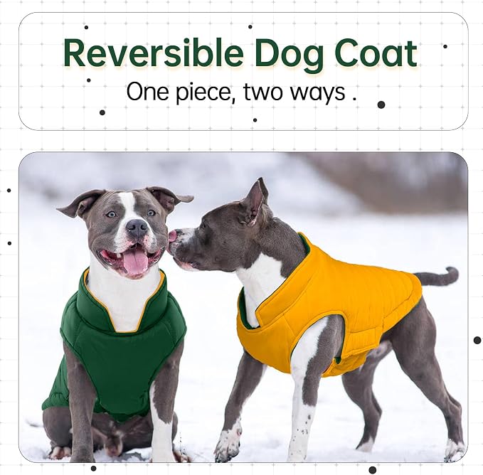 Lelepet Reversible Dog Coat Windproof Dog Jacket Lightweight Puffer Vest | Dogs Puffer Coat for Large Dogs Adjustbale Hook & Loop Pet Apparel Cold Weather Coats with Leash Hole, Pitbull, Green, XL