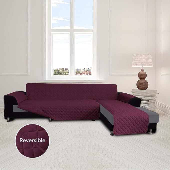 Easy-Going Reversible L-Shape Sectional Couch Cover, Large, Wine/Wine | Soft Sofa Slipcover For Dogs, Fits Left/Right Chaise Lounge Protector, Water Resistant Mat For Living Room