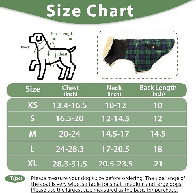 Winter Coat for Small and Medium Dogs, Puppy Plaid Jacket, Cotton Coat for Cold Weather, Windproof Warm Dog Garments, Pet Thickened Outfits Indoor Outdoor, Green S