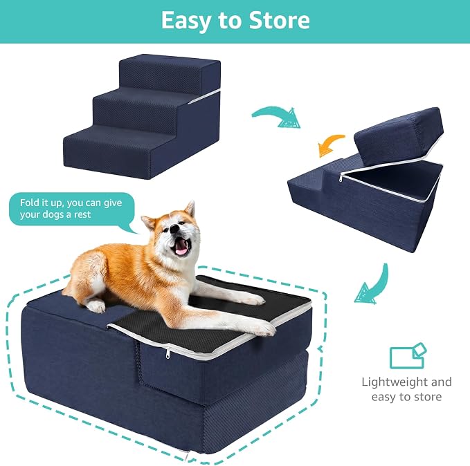 YENING Large Dog Stairs for High Beds - Extra Wide Pet Steps for Large Dogs to Get on Tall Bed 3 Deep Step Cat Ramp for Couch Navy Blue