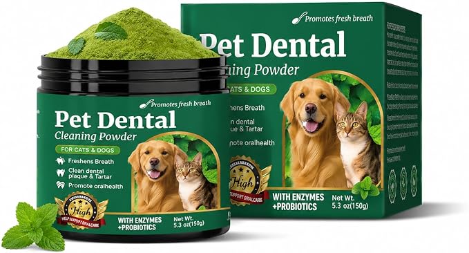 Dog Teeth Cleaning Powder – Dog Breath Freshener & Dental Care Powder – Helps Support Clean Teeth, Fresh Breath & Healthy Gums – No Brush Plaque & Tartar Support for Dogs & Cats, 150g