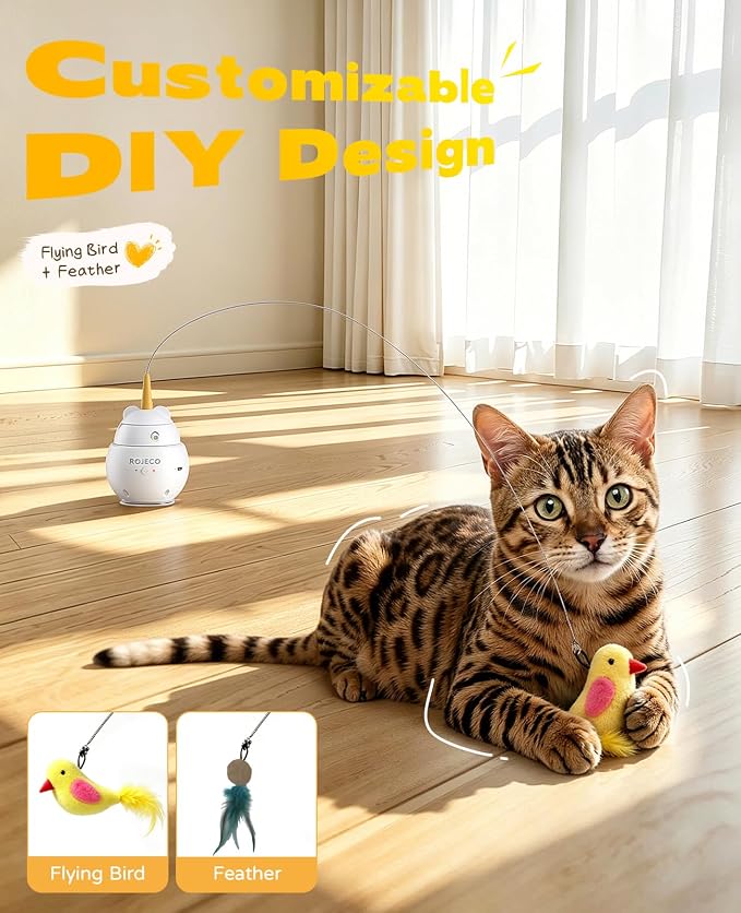 ROJECO Interactive Cat Toys, 2 in 1 Automatic Cat Toy with Flying Bird, 360°Rotation Moving Laser Kitten Toy, USB Rechargeable, Electronic Smart Sensor Kitten Toys, Suitable for Indoor Kitten