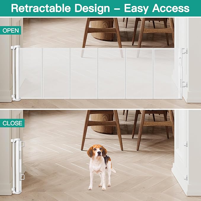 24 Inch Tall x 150 Inch Extra Wide Retractable Dog Gate for The House, Short Baby Gate to Step Over, Reinforced Mesh Puppy Gate for Doorways, Step Over Pet Gate for Stairs, Indoor/Outdoor, White
