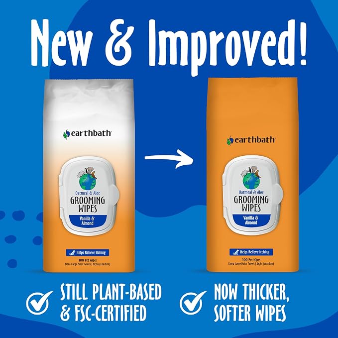 earthbath Oatmeal & Aloe Grooming Wipes, Vanilla & Almond - 100 Ct, 2 Pack | Dog Wipes for Paws and Butt, Helps Relieve Itchy & Dry Skin, Cruelty-Free, Made in the USA, Pet Wipes for Dogs