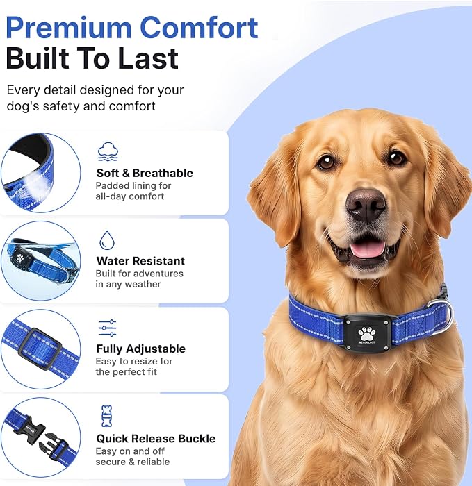 GPS Dog Collar Tracker 2-in-1,Reflective Waterproof Pet Collar,iOS-Only,No Monthly Fees,Unlimited Range,Dog Tracking Collar Pet Tracker,for Small Medium Large Dogs(L (16.5"-23.5"), Blue)